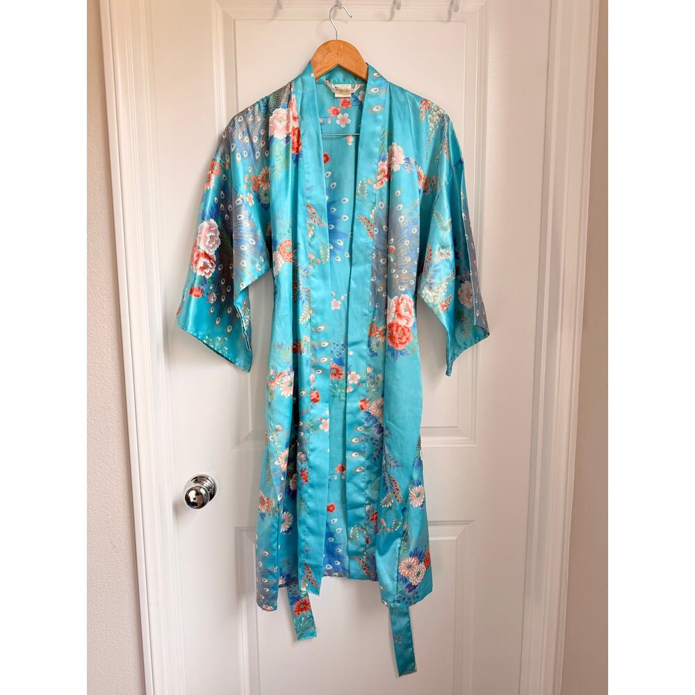 Vintage Ichiban Japanese Cherry Blossom Kimono Geisha Floral Long Robe Aqua‎ 57”
